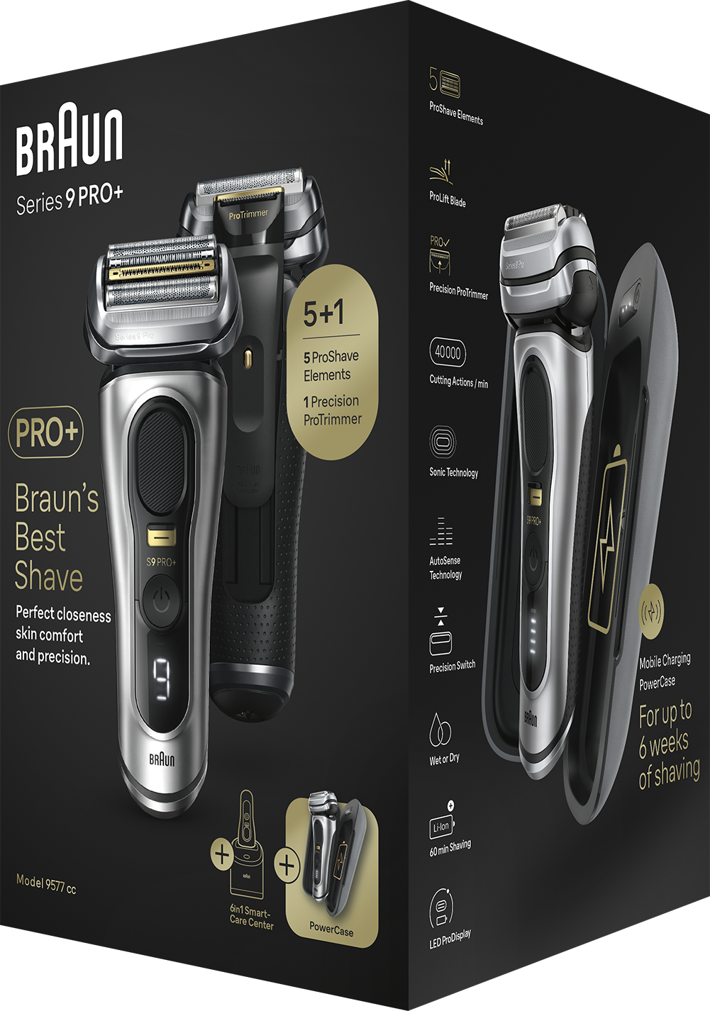 Braun Series 9 PRO+ elektromos borotva doboza. Jellemzők: ProShave, trimmelő és egy power case.