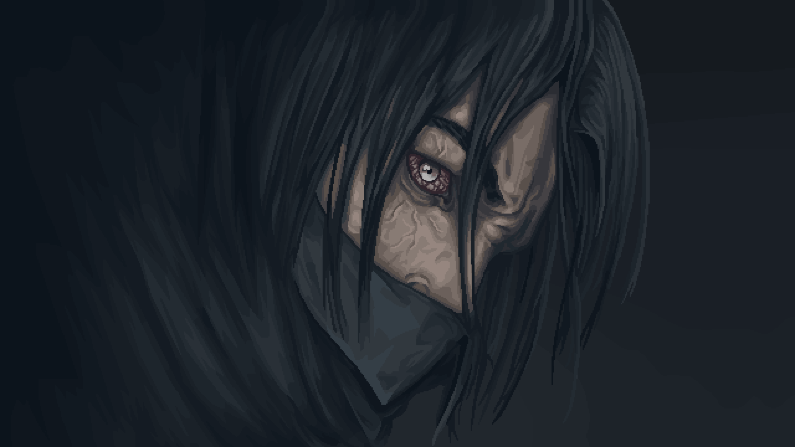 Spikselowany obraz zamaskowanej postaci. Postać ma intensywne oczy i ciemną, kapturową pelerynę.