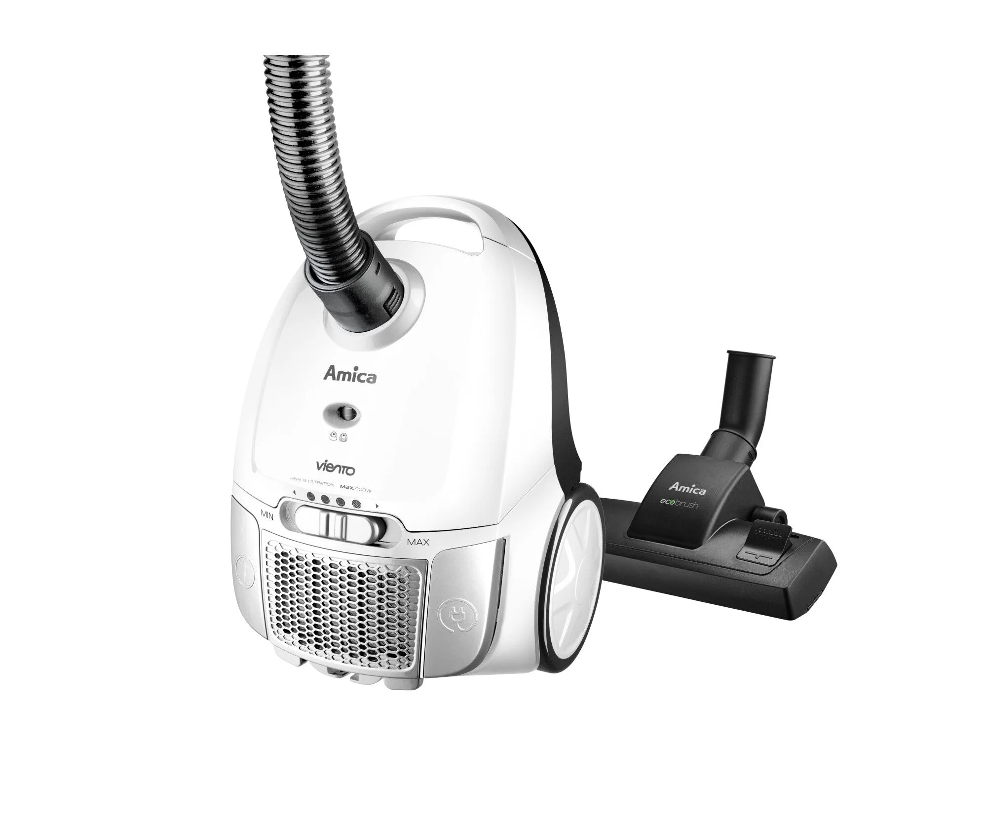 Biały odkurzacz z czarnym wężem i szczotką na białym tle, ustawiony pod kątem w lewo.