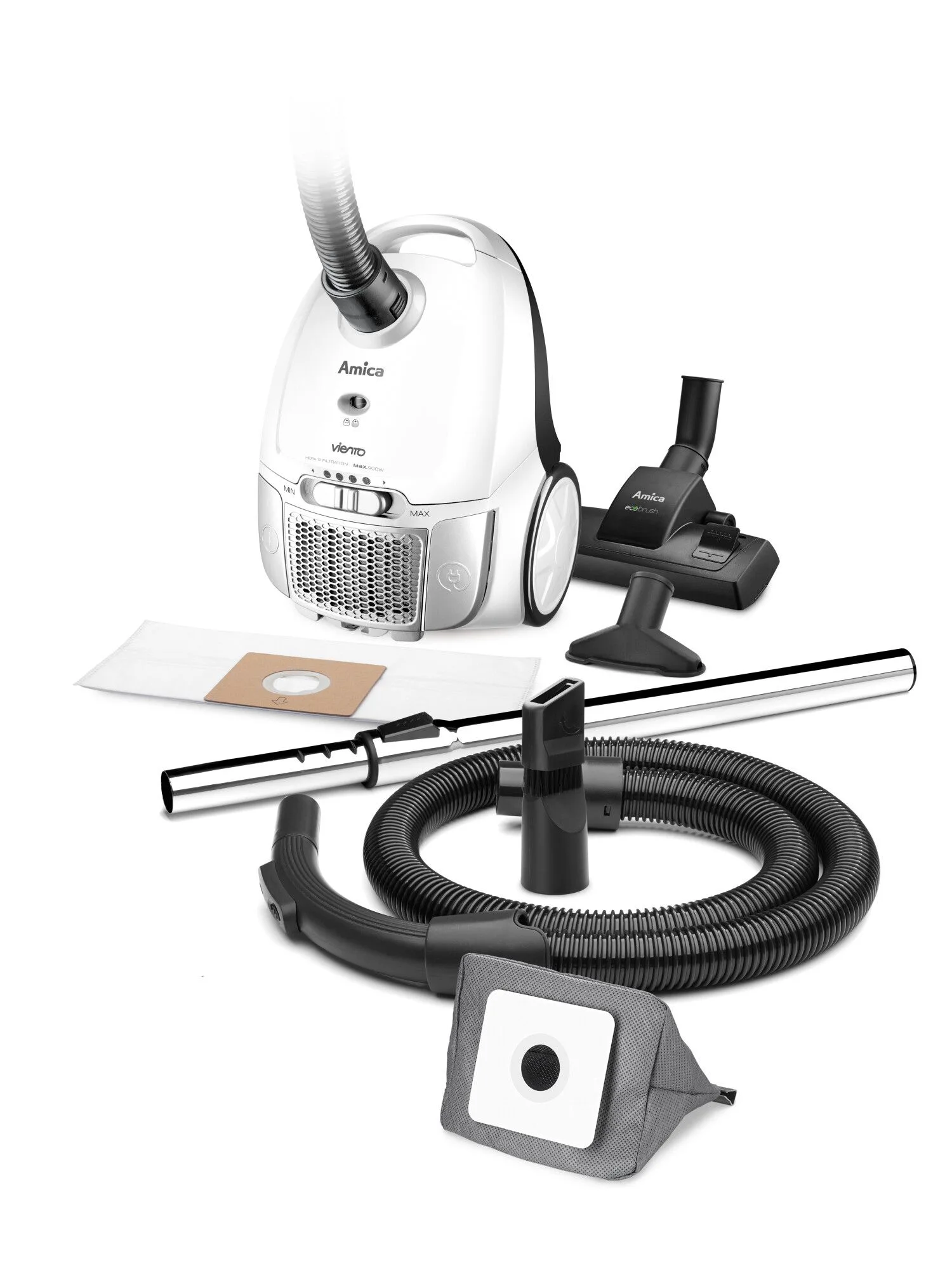 Biały odkurzacz z akcesoriami, wężem i workiem. Akcesoria znajdują się na podłodze.