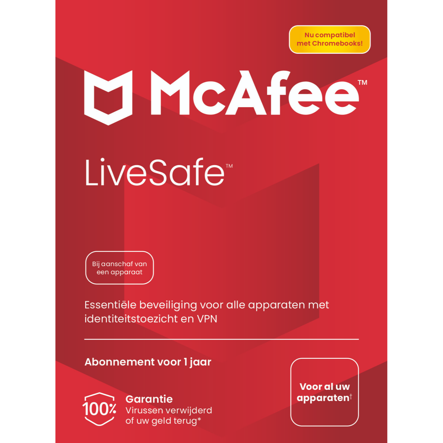 McAfee LiveSafe productbox. Rode en witte branding met tekst. Bevat een Chromebook compatibiliteitsbericht.