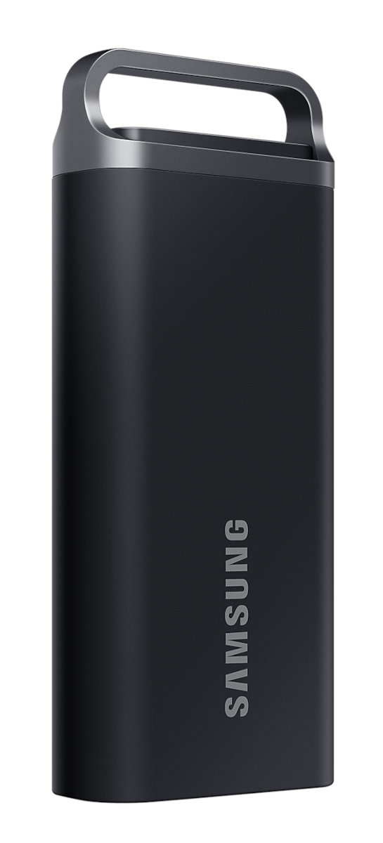 Czarny pendrive Samsung z srebrnym uchwytem pętelkowym. Logo Samsung w kolorze srebrnym.