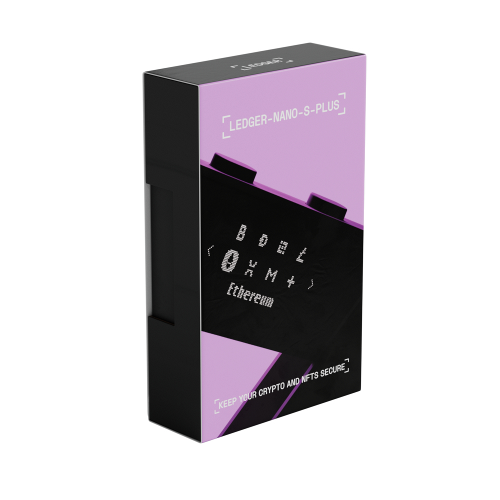 Eine schwarze und pinkfarbene Kryptowallet-Box. Text und Logos sind auf die Vorderseite gedruckt.