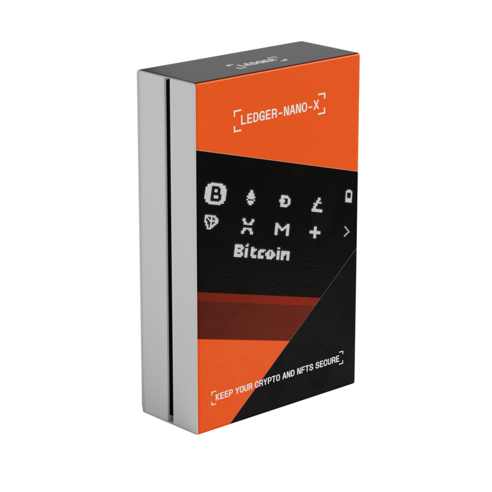 Eine Ledger Nano X Krypto-Wallet-Box. Sie ist orange und schwarz. Die Box hat Bitcoin-Symbole und das Ledger-Logo.