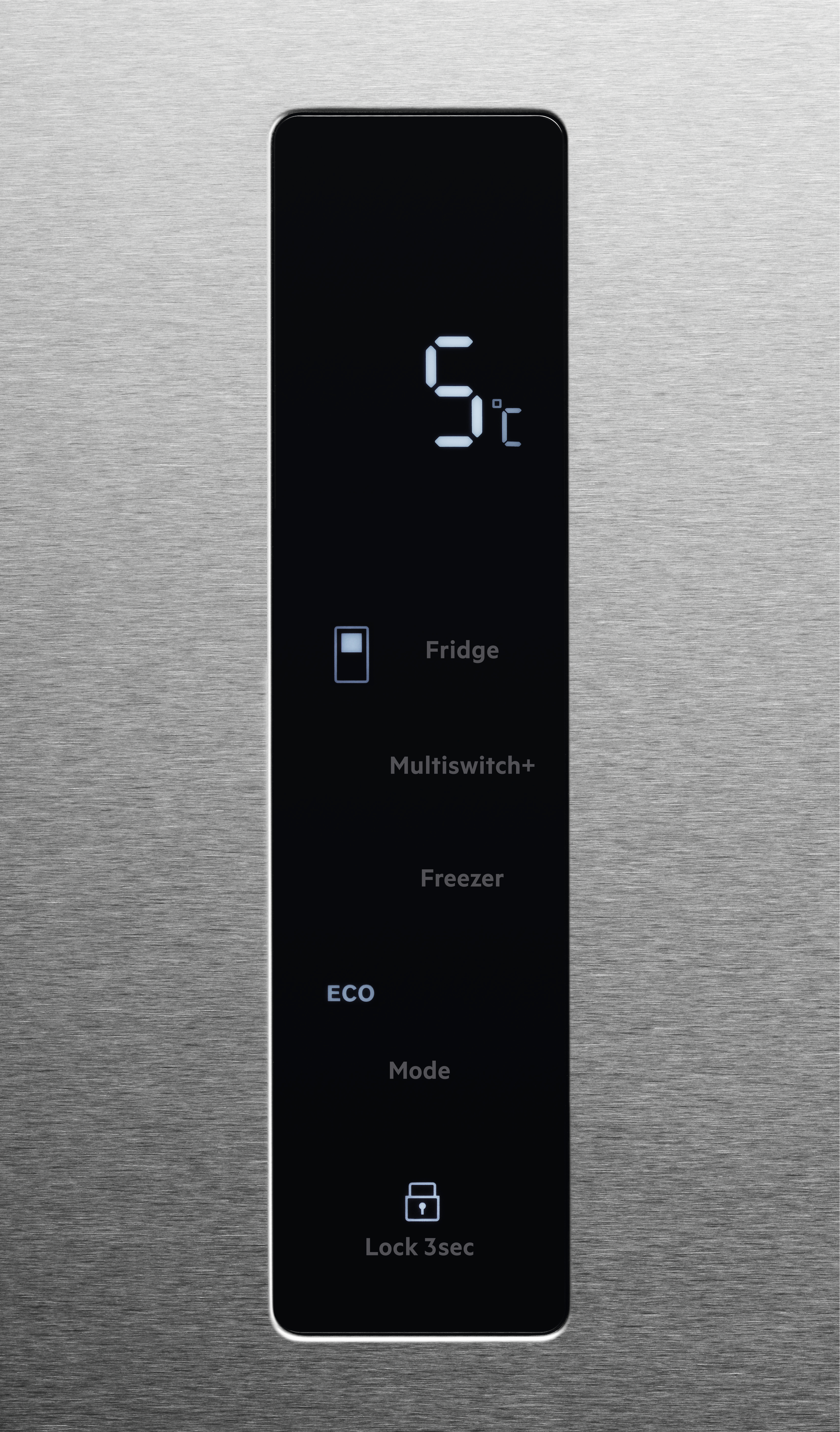Ein schwarzes Bedienfeld mit digitaler Anzeige '5' und Tasten für Kühlschrank, Gefrierschrank und Modus.