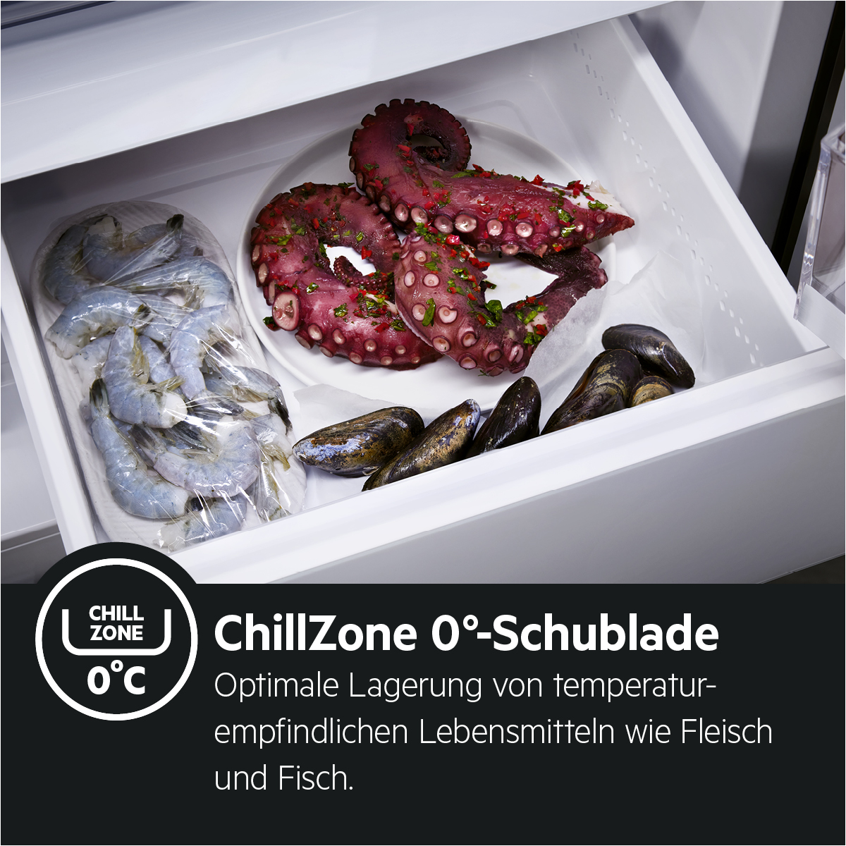 Eine Kühlschublade mit Meeresfrüchten: Oktopus, Garnelen und Muscheln. Text: ChillZone 0°C.