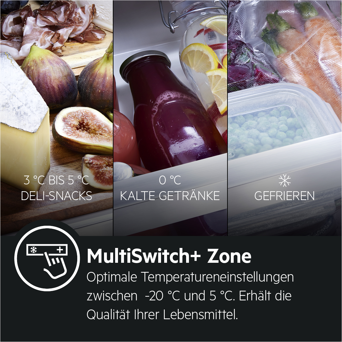 Kühlschrank mit Delikatessen, kalten Getränken und Tiefkühlkost. Mit MultiSwitch+ Zone Text.