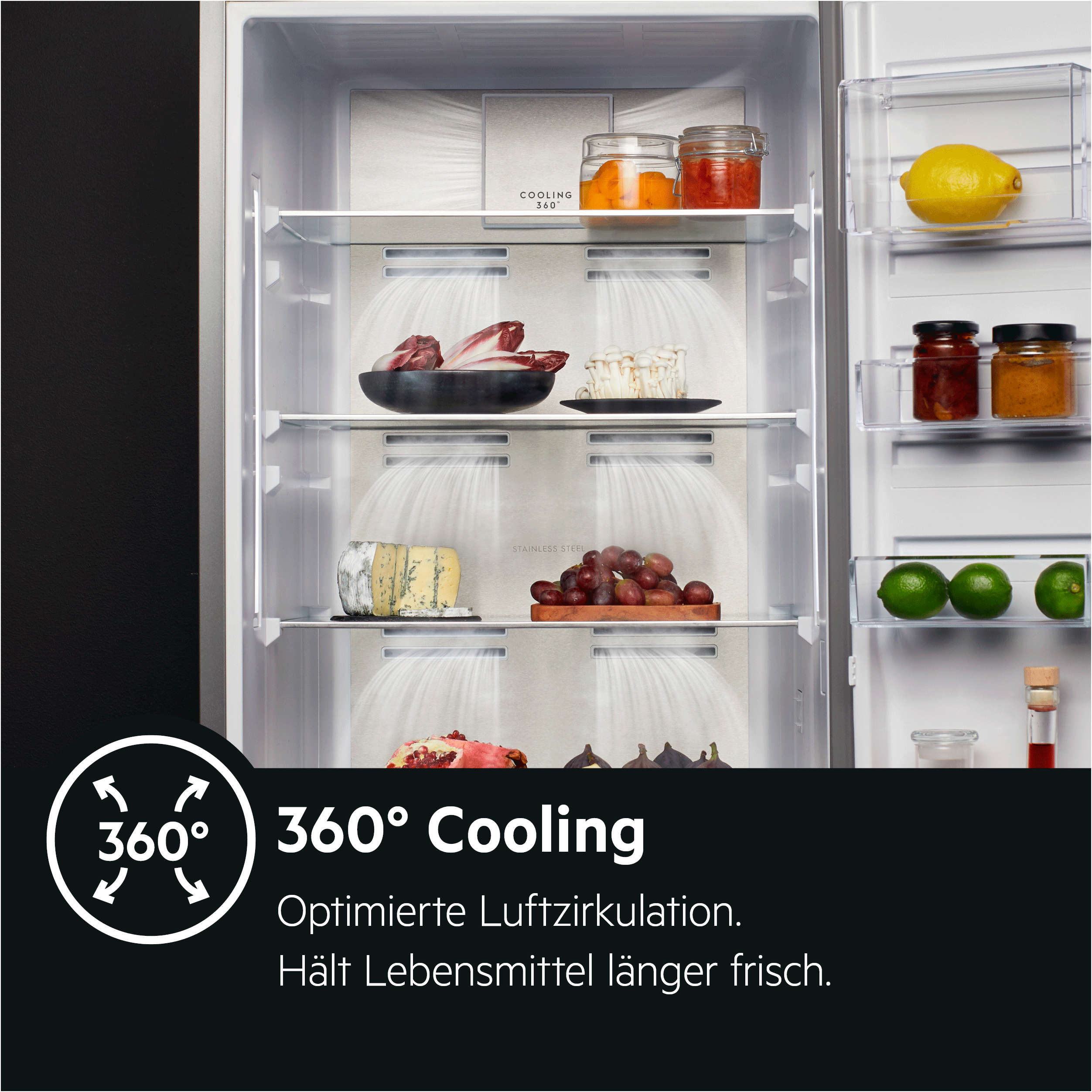 Kühlschrank Innenraum mit Regalen voller Essen. Gläser, Käse, Obst. Weißer Innenraum.