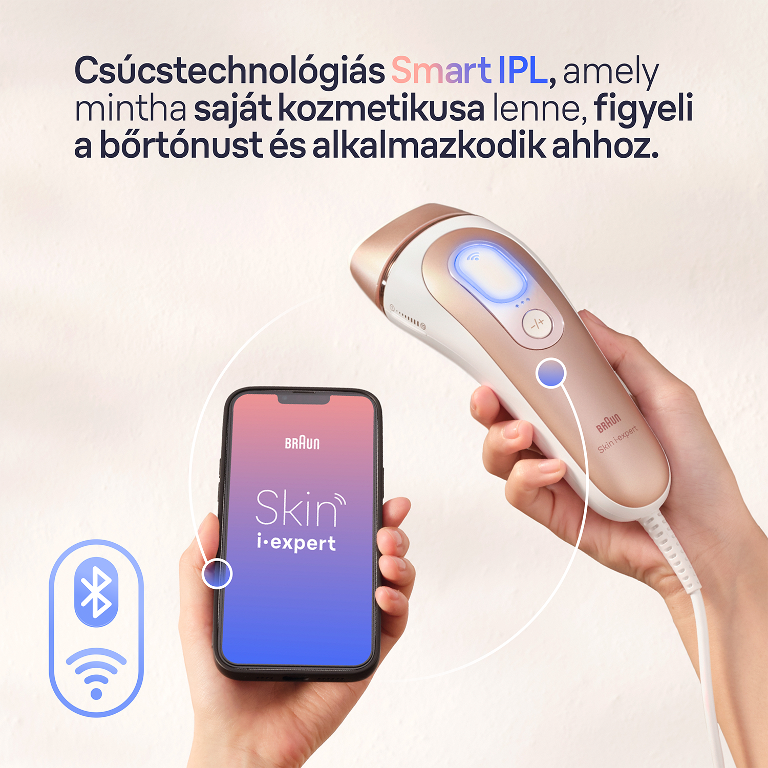 Egy személy egy Braun készüléket és egy okostelefont tart. A készülék a bőr kezelésére szolgál.