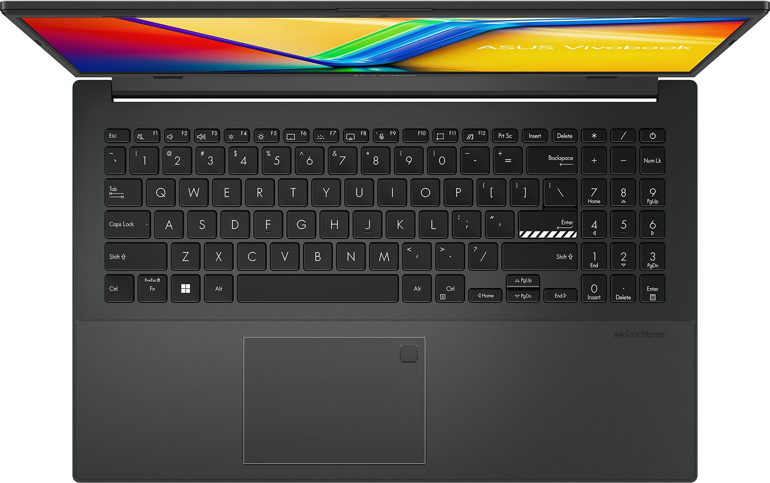Nyitott képernyős laptop, látható billentyűzet. A képernyő színes grafikákat jelenít meg.