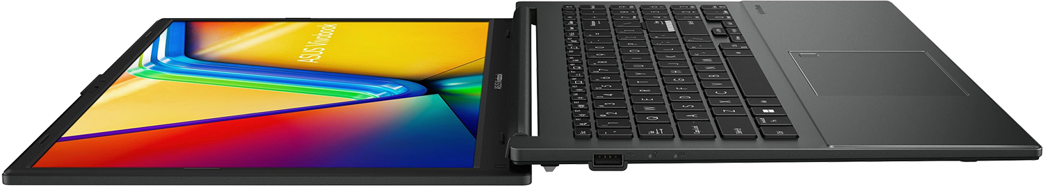 Laptop nyitva, a billentyűzet jobbra. Szivárványos képernyő. ASUS Vivobook látható.