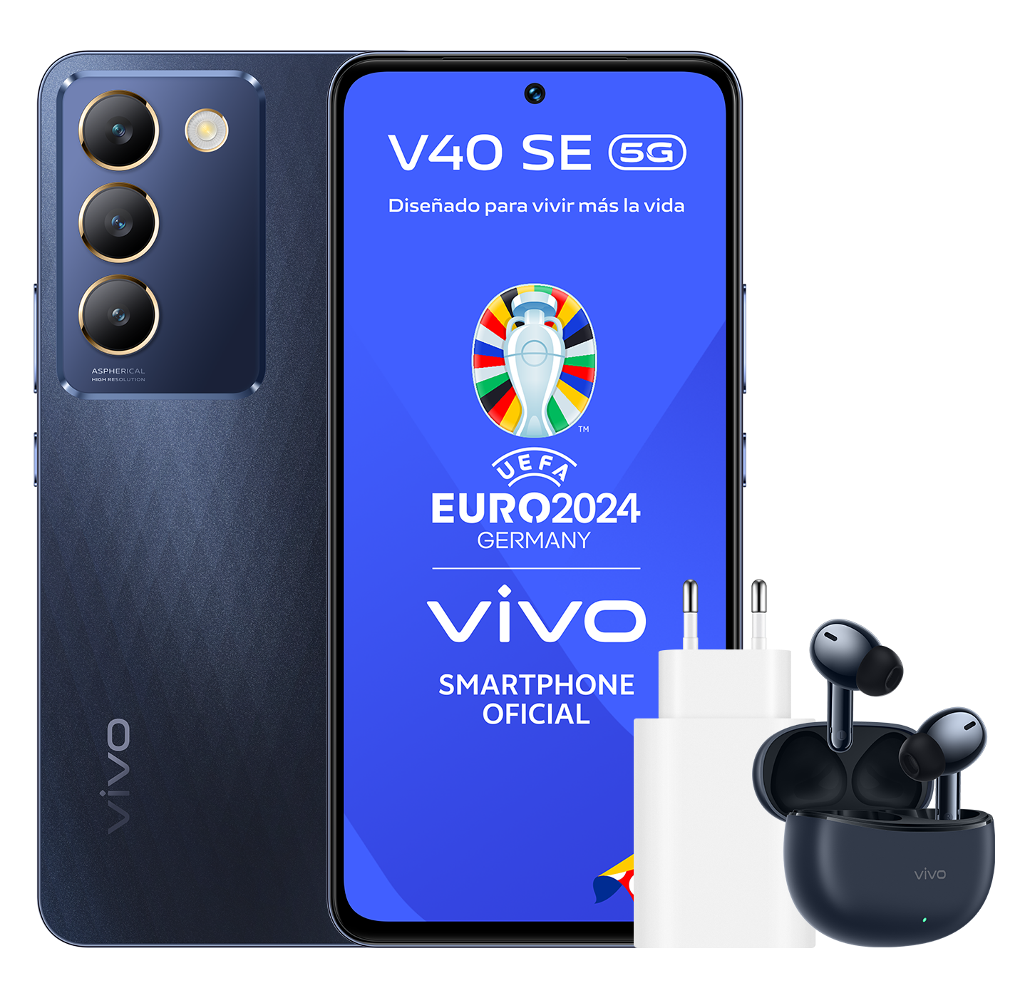 Smartphone, cargador y auriculares. El teléfono tiene un logotipo de la UEFA Euro 2024 Alemania.