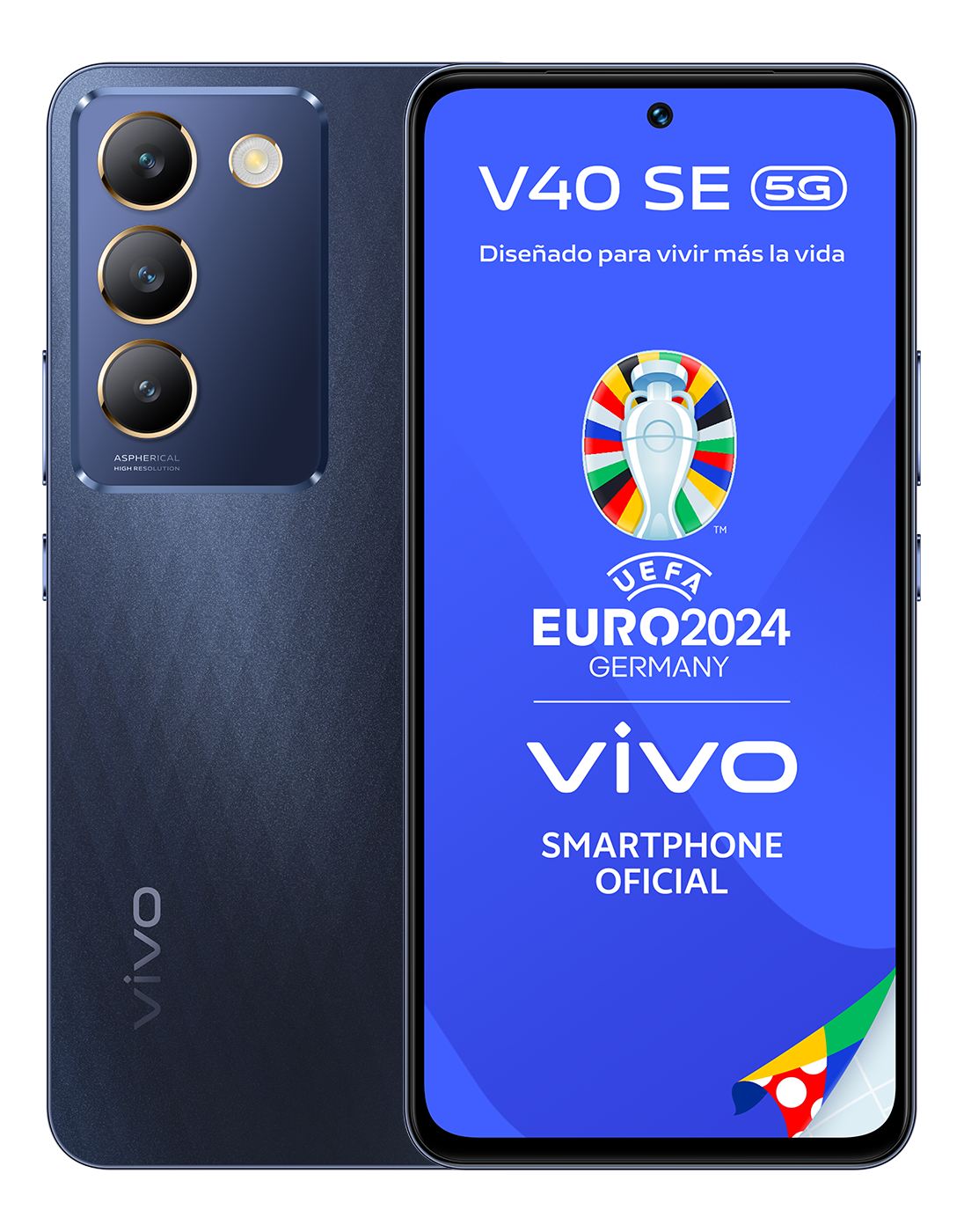 Smartphone Vivo V40 SE 5G. Vista trasera con lentes de cámara y logo UEFA Euro 2024.