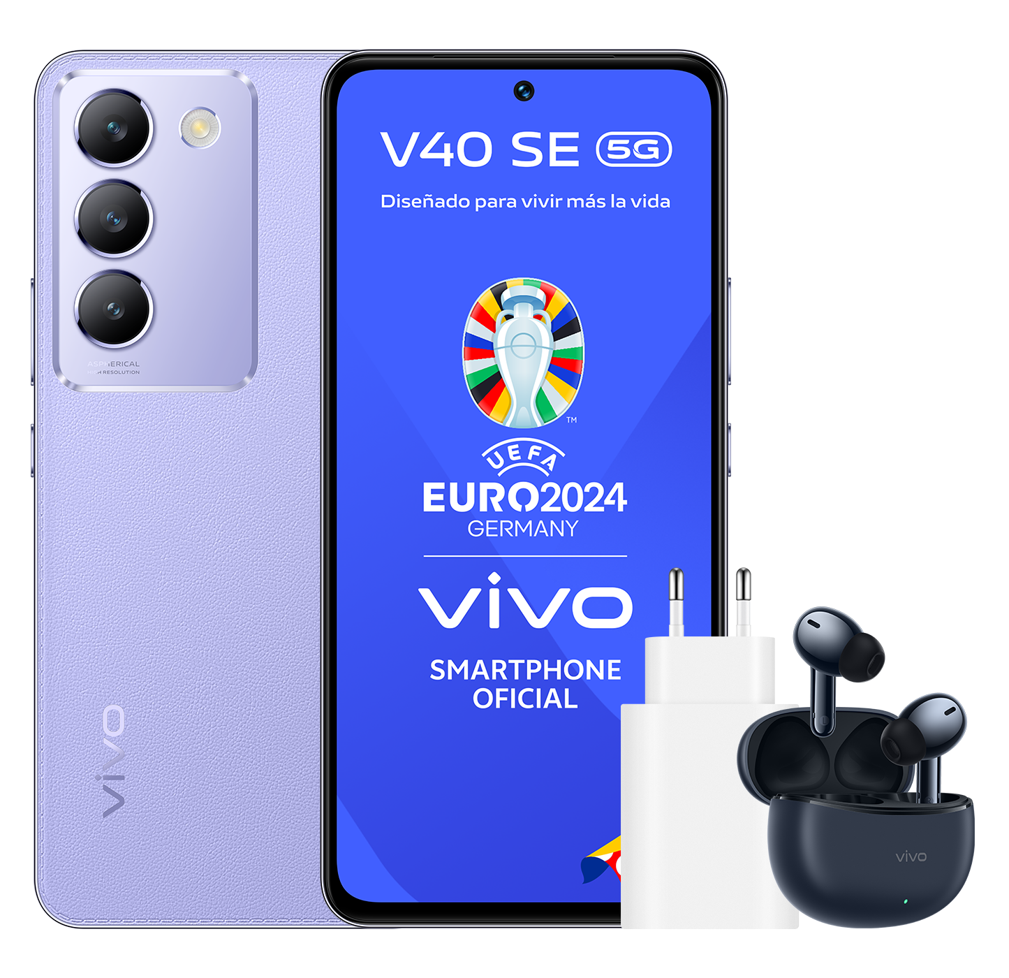 Un teléfono morado con pantalla que muestra un anuncio de la Eurocopa 2024 y accesorios.