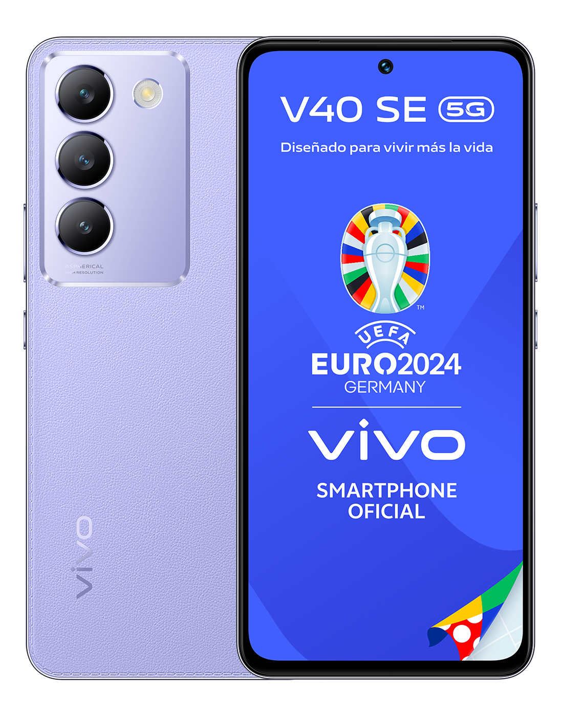 Un smartphone morado Vivo V40 SE 5G con un gráfico de la UEFA Euro 2024 en su pantalla.