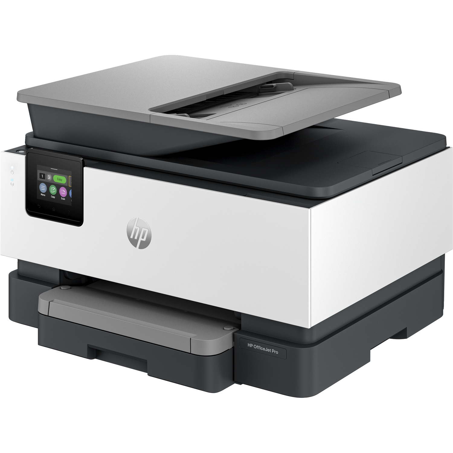 White and gray HP OfficeJet Pro printer with the top open, showing the scanner.