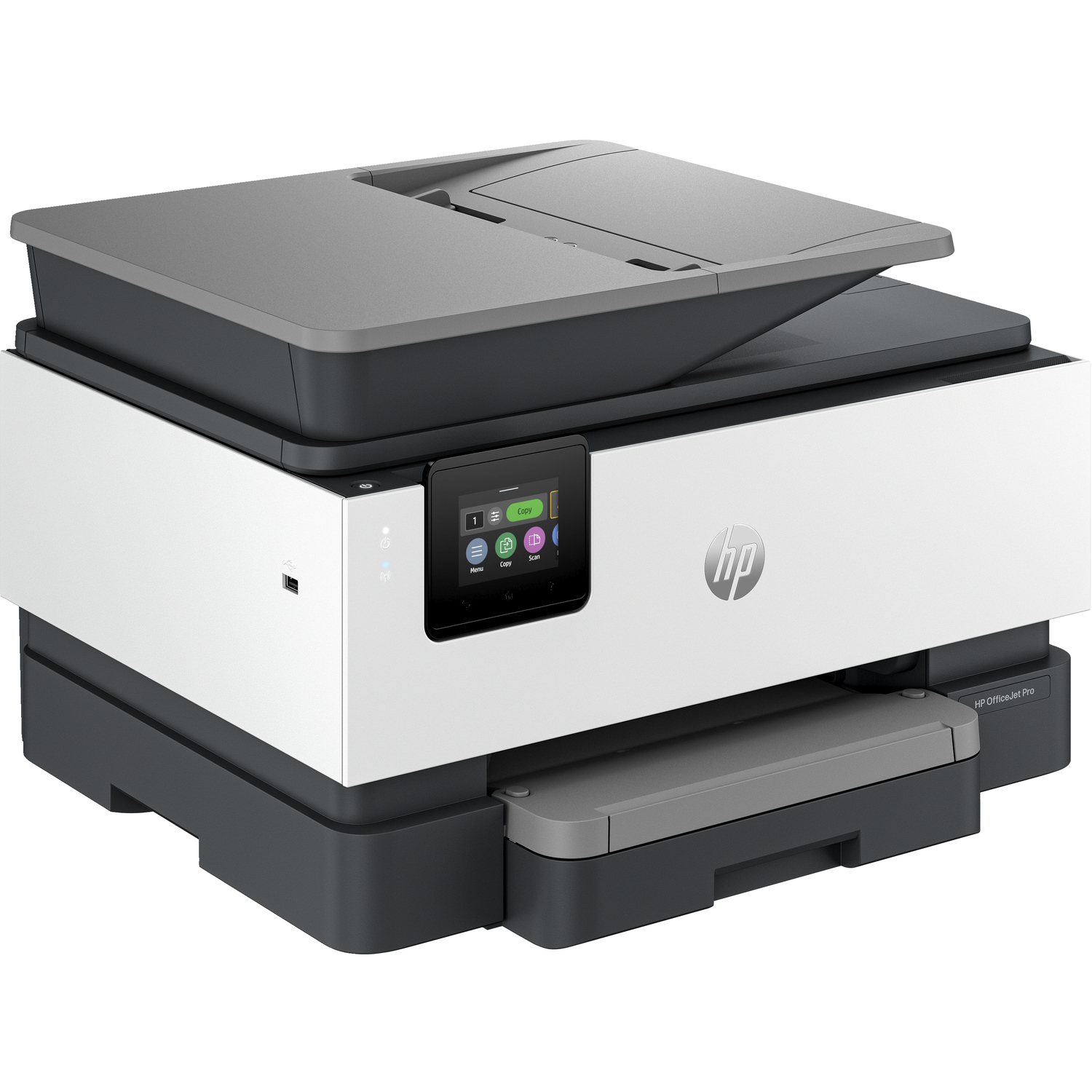HP OfficeJet Pro printer, white and gray, angled view.
