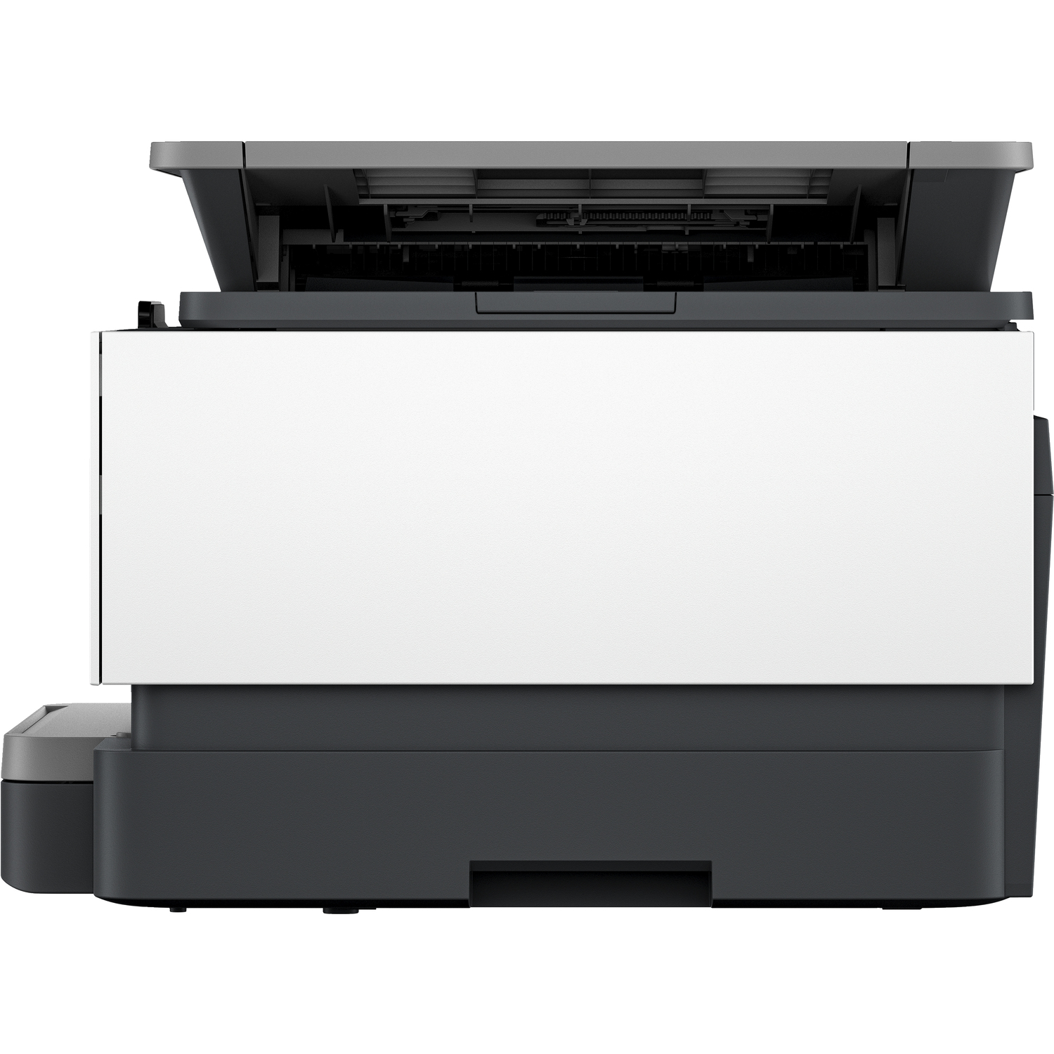 A printer, white front and top, with black sides and a opened top.