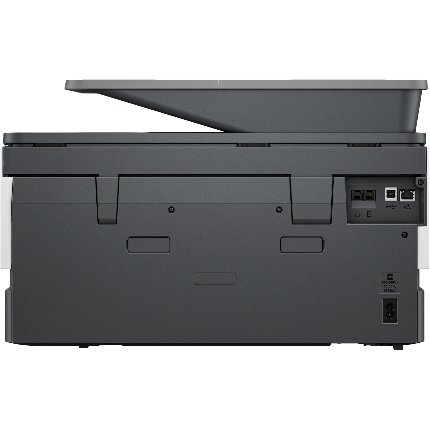 The back of a black and gray HP printer.