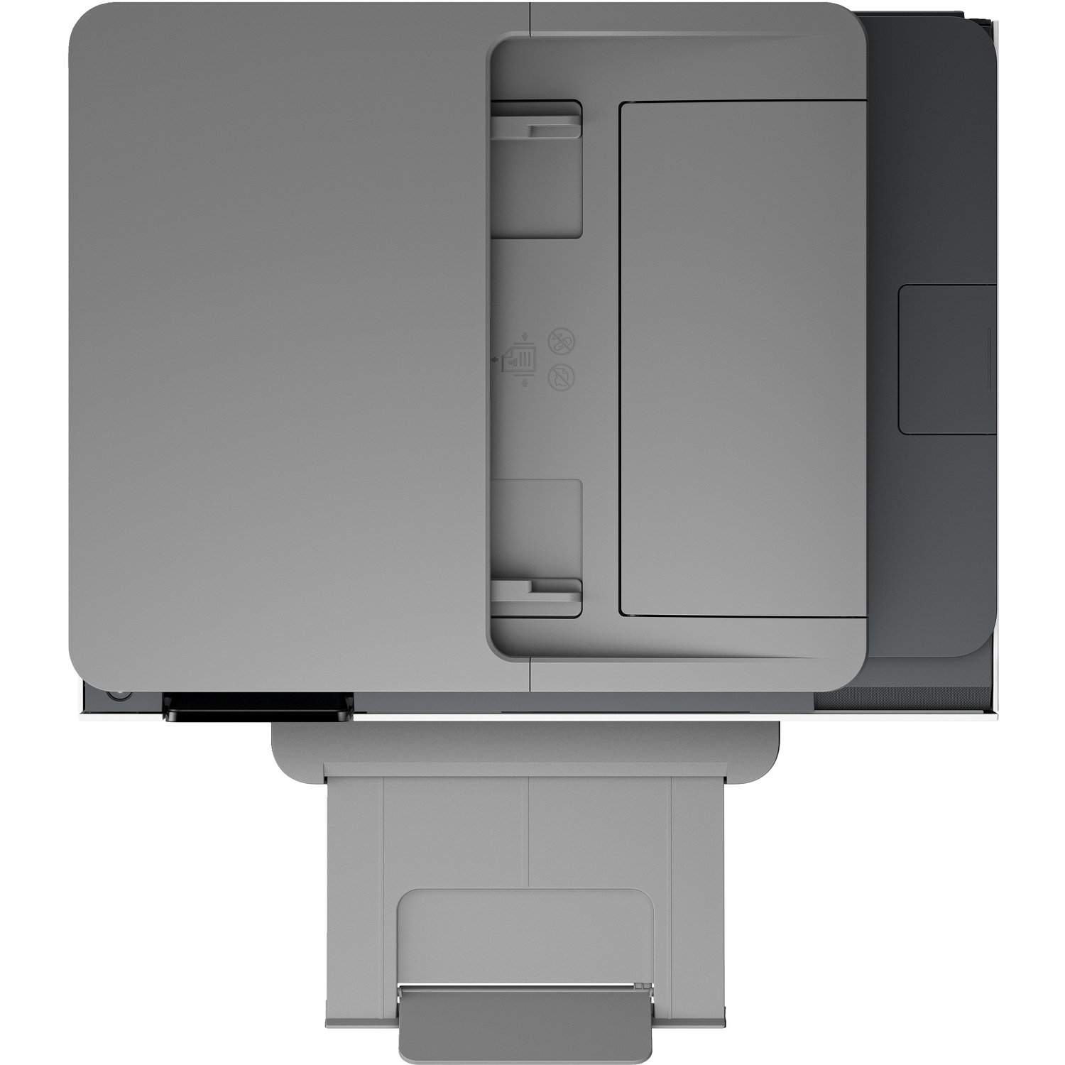 An overhead view of a gray printer. The paper tray is open, showing the interior mechanics.