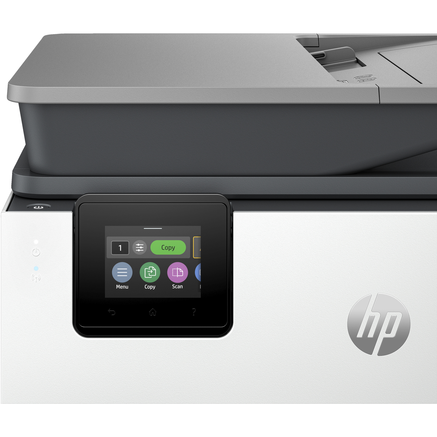 White and gray HP printer. LCD screen displays options. White background.