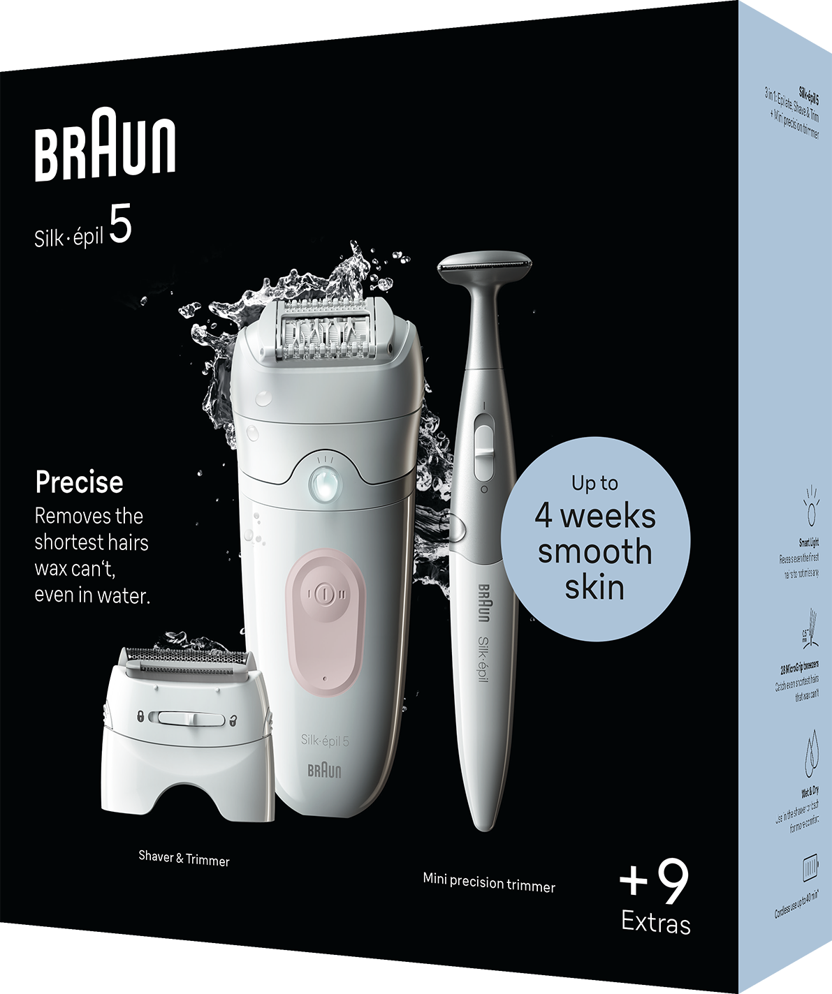 Braun Silk-épil 5 epilátor készlet. Tartalmaz epilátort, borotvát, mini trimmert, +9 extrát. Rózsaszín és fehér.