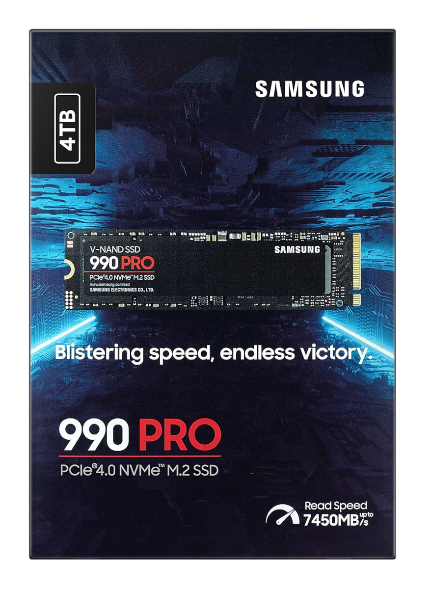 Czarne pudełko SSD. Z logo 'SAMSUNG'. Tekst brzmi 'Blistering speed, endless victory. 990 PRO'.