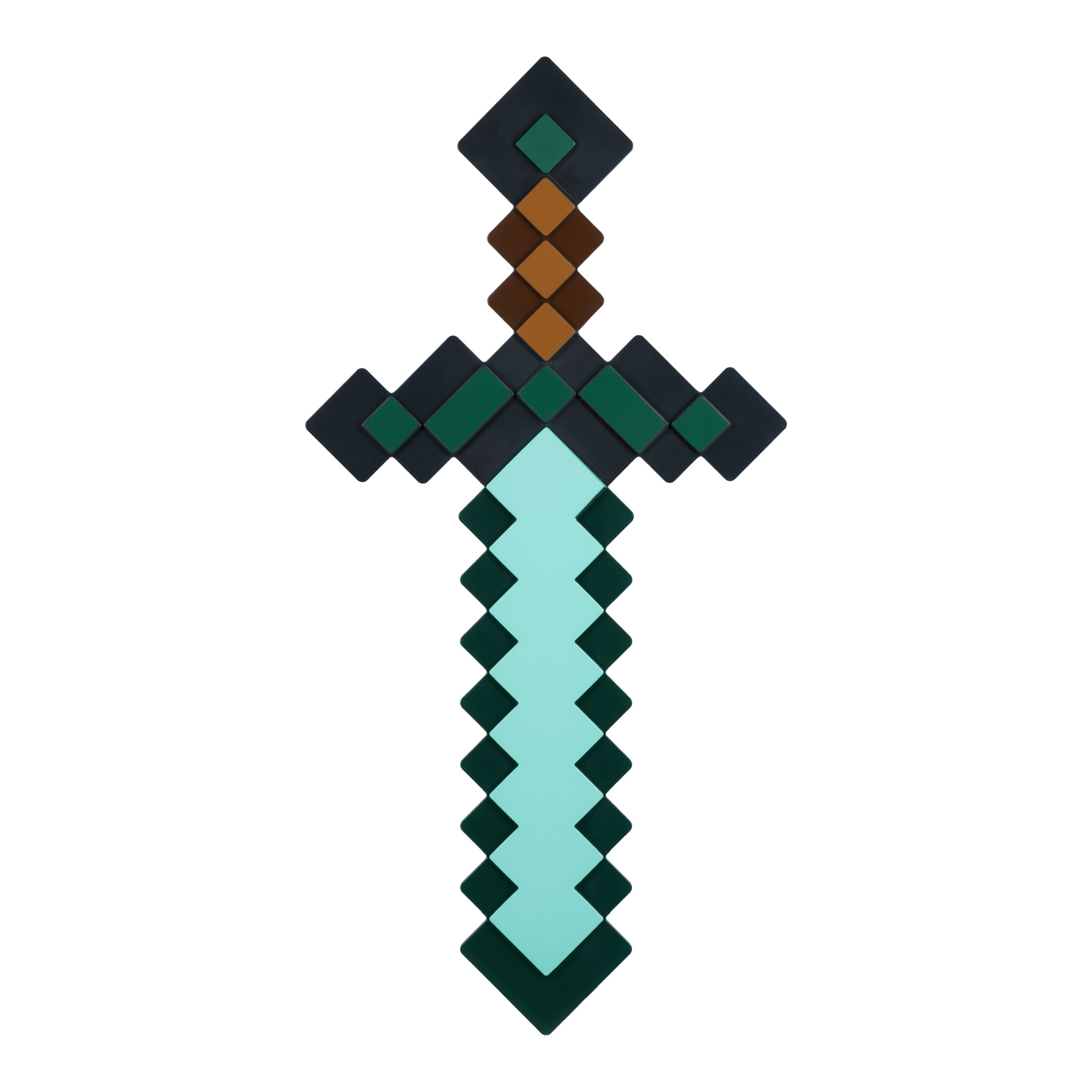 Ein pixeliges Minecraft-Schwert in Grün-, Braun- und Blautönen, mit weißem Hintergrund.