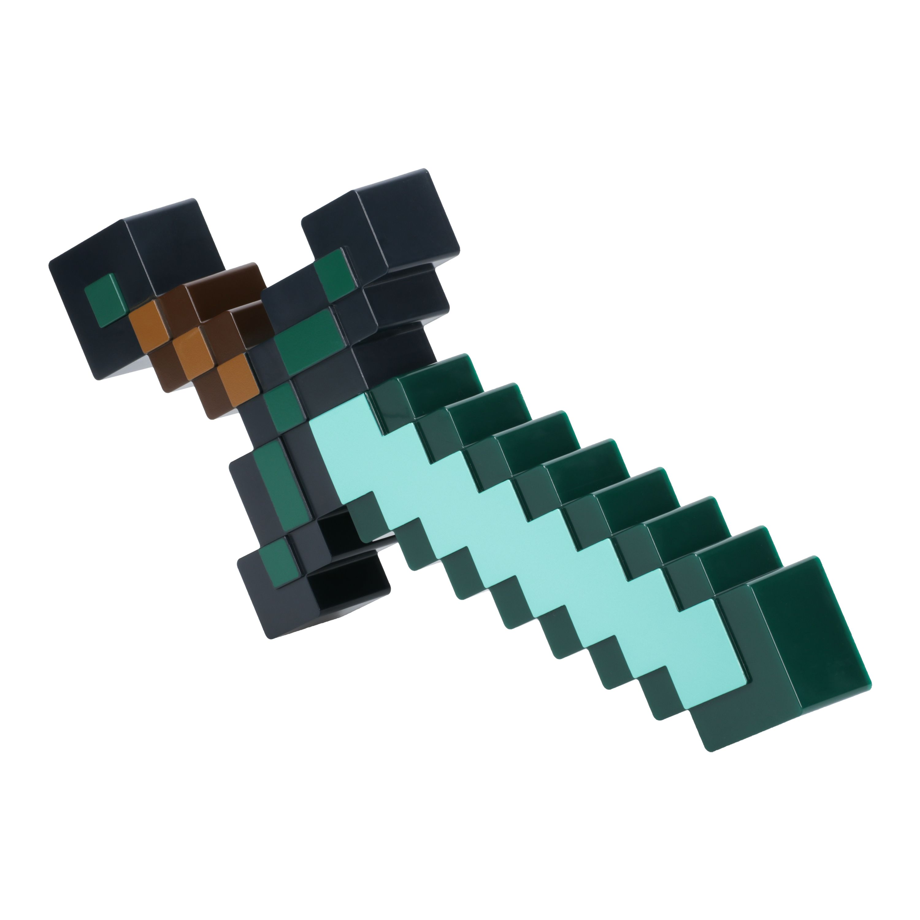 Minecraft-Schwertspielzeug in Grün, Braun und Schwarz auf weißem Hintergrund.