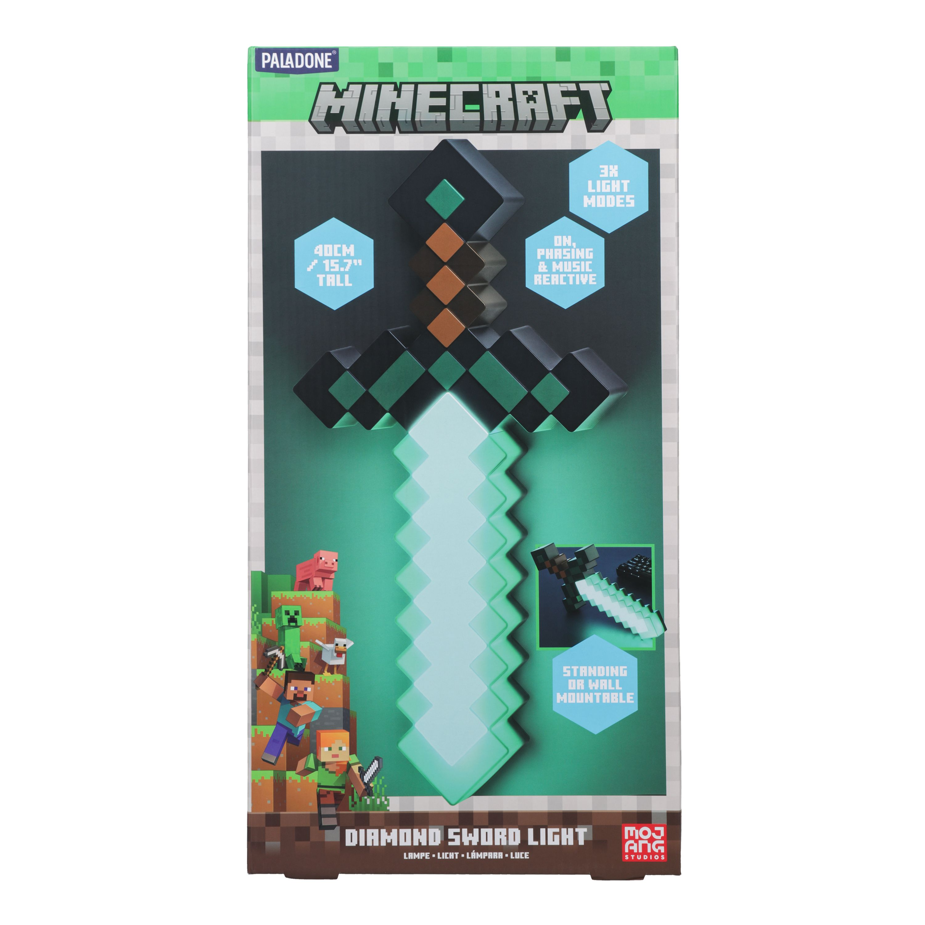 Ein Minecraft-Diamantschwertlicht in einer bunten Box mit Spielfiguren.
