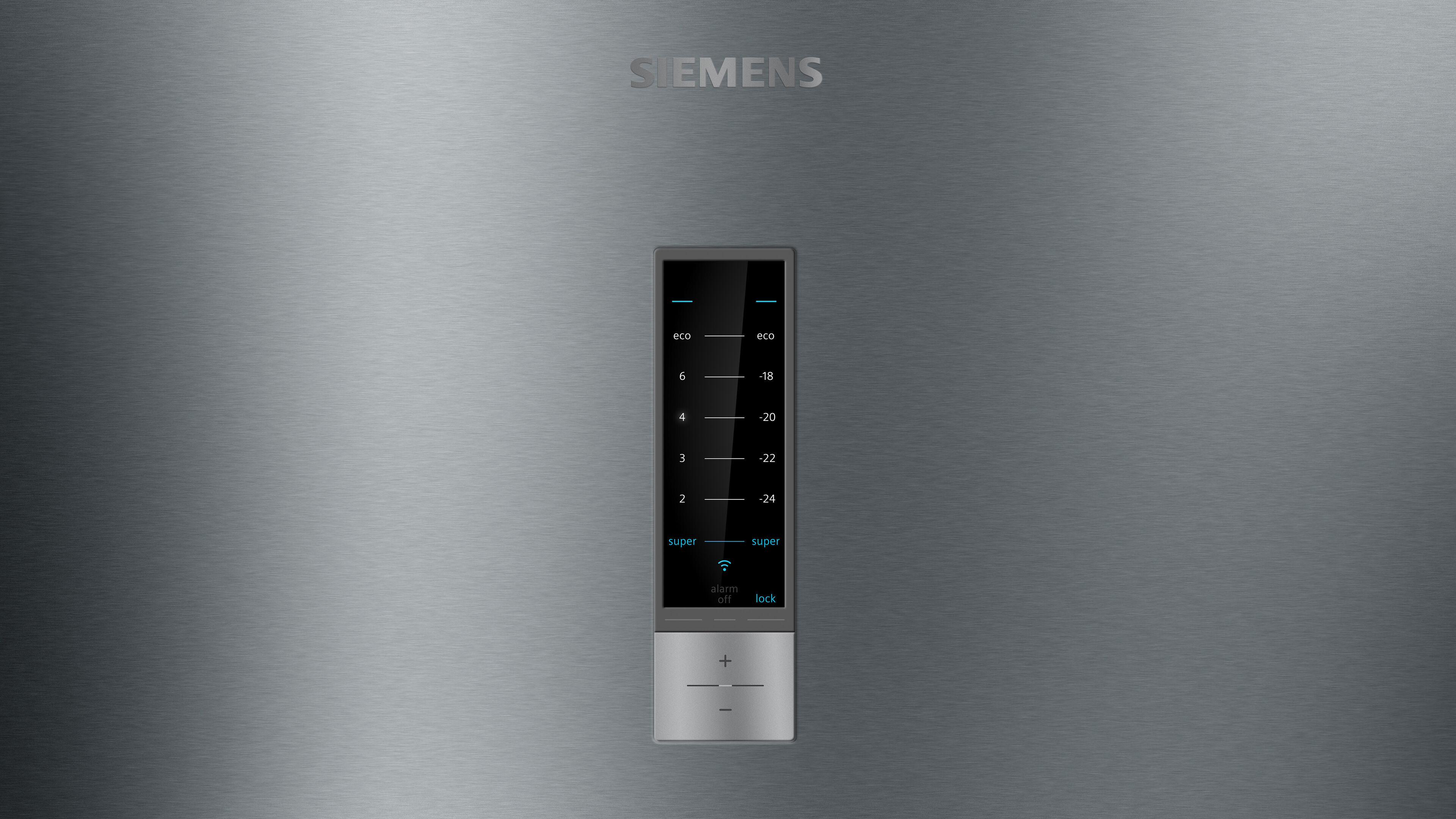 Puerta de frigorífico de acero inoxidable con panel de control. Marca Siemens en la parte superior.