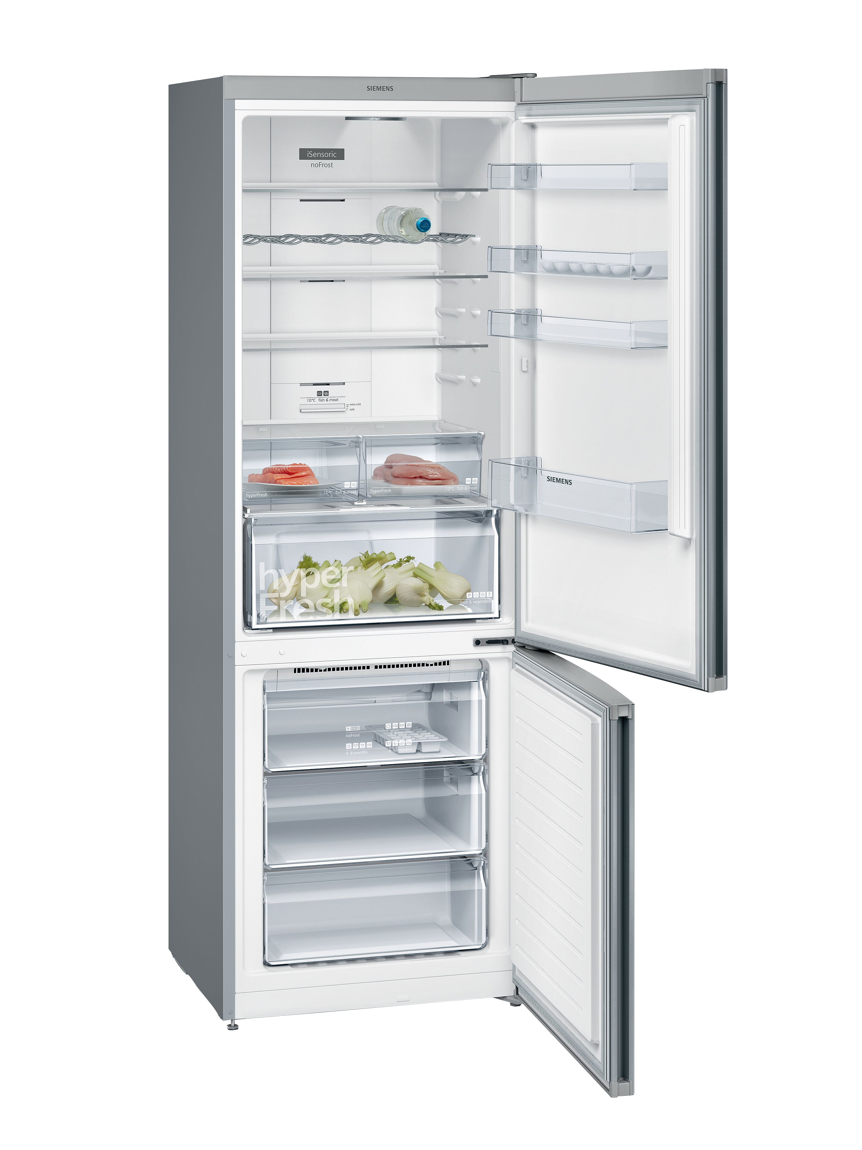 Un refrigerador plateado con la puerta abierta, mostrando el interior.