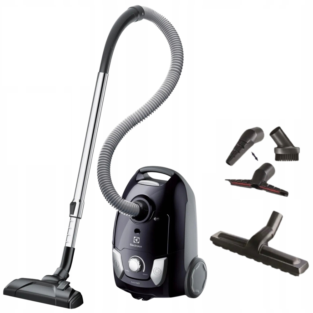 Czarny odkurzacz z akcesoriami, wężem i rurą.