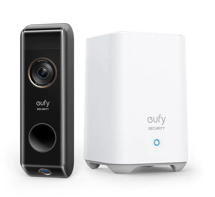 System bezpieczeństwa Eufy: czarna kamera dzwonka i biała stacja bazowa.