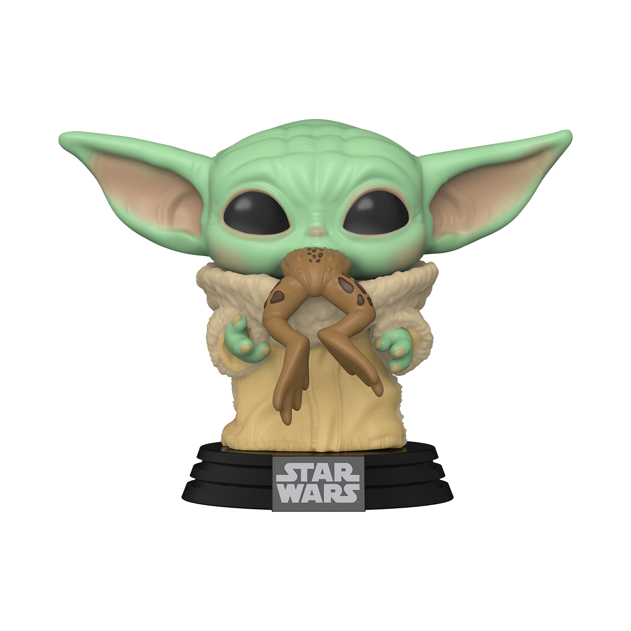 Figurka Grogu Funko Pop, zielona z dużymi uszami, trzymająca żabę. Podstawa Star Wars.