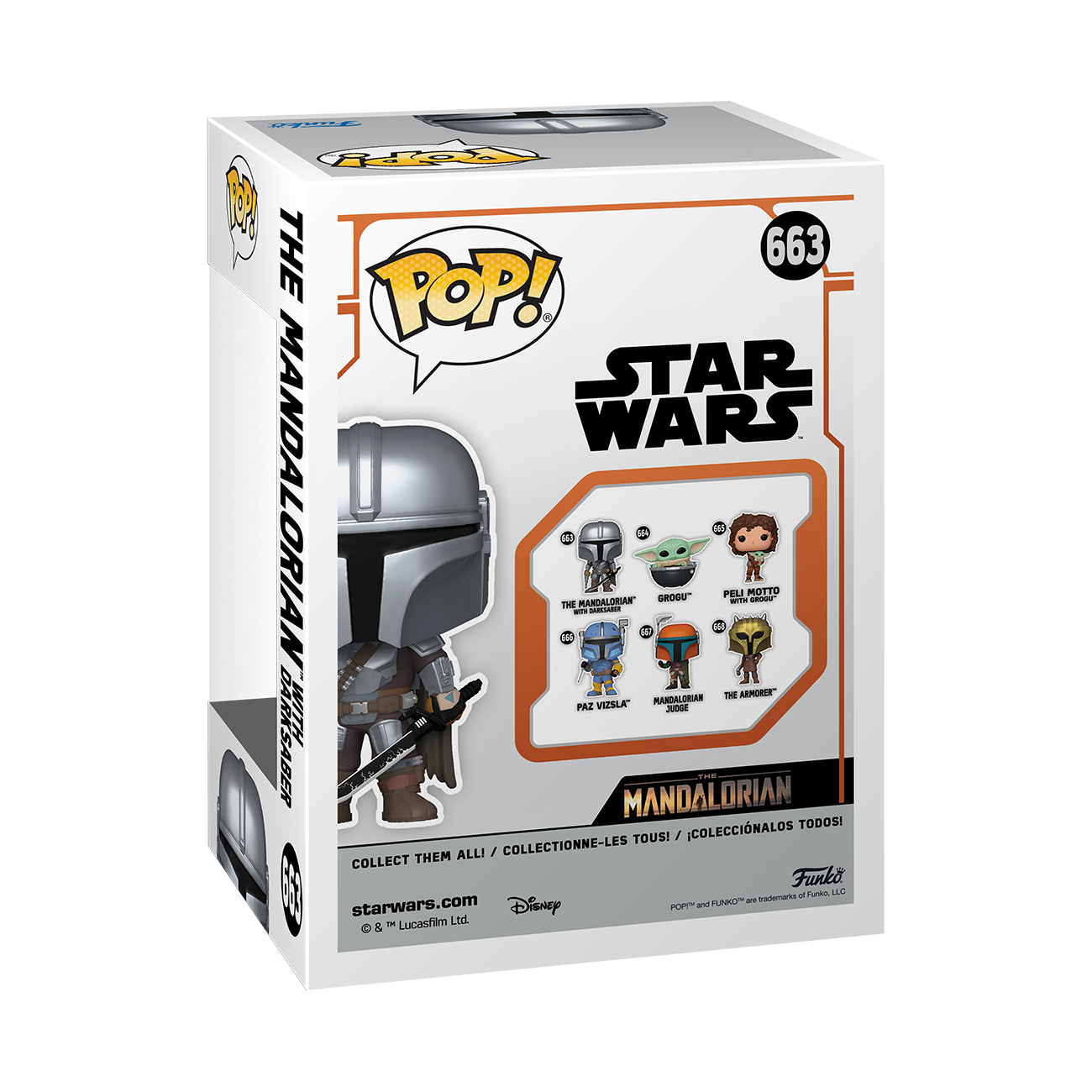 Pudełko Funko Pop z figurką Mandaloriana. Pudełko ma logo Star Wars i Funko.