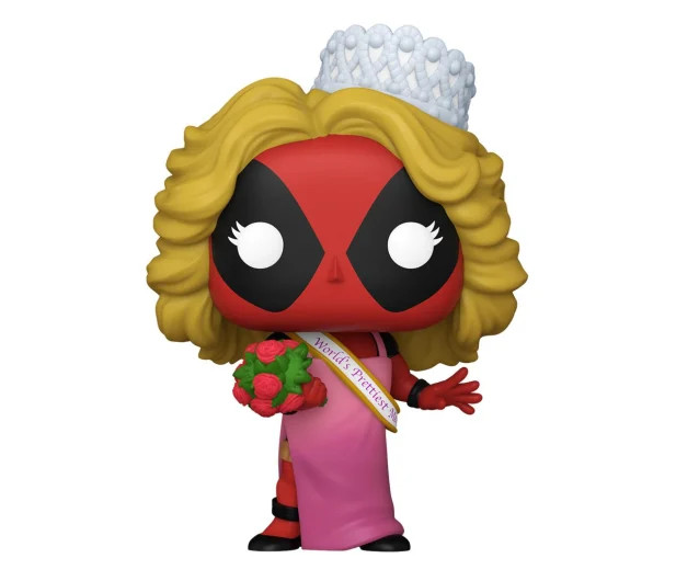 Figurka Deadpoola przebrana za uczestniczkę konkursu piękności. Nosi koronę i trzyma bukiet.