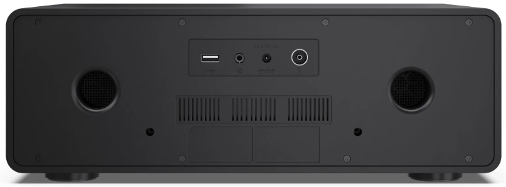 Czarny panel tylny stereo, z widocznymi portami i głośnikami.