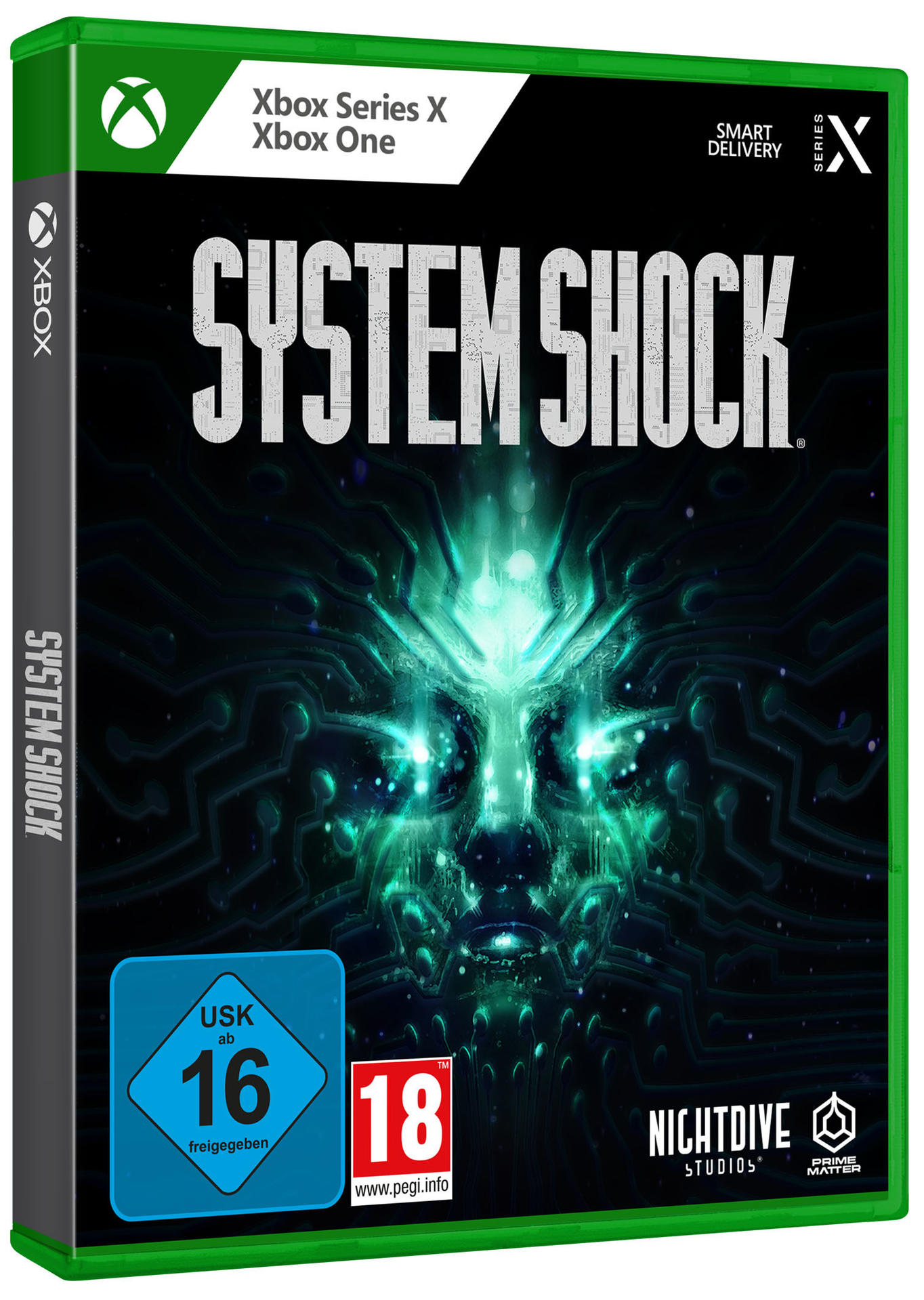 Spielbox für System Shock. Das Cover hat grüne und blaue Kunstwerke und das Xbox-Logo.