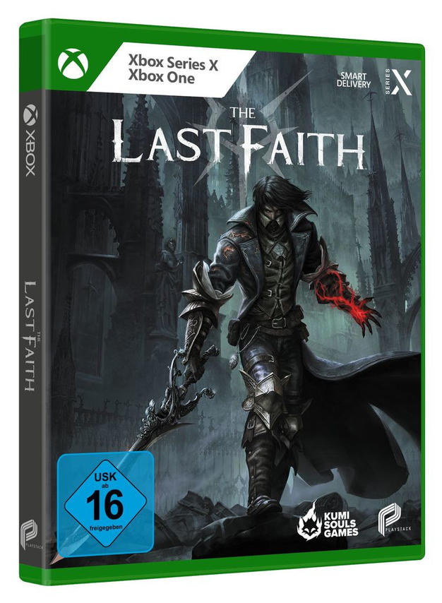 Spielbox für 'The Last Faith'. Dark Fantasy Art, Charakter mit Schwert, grüner Hintergrund.