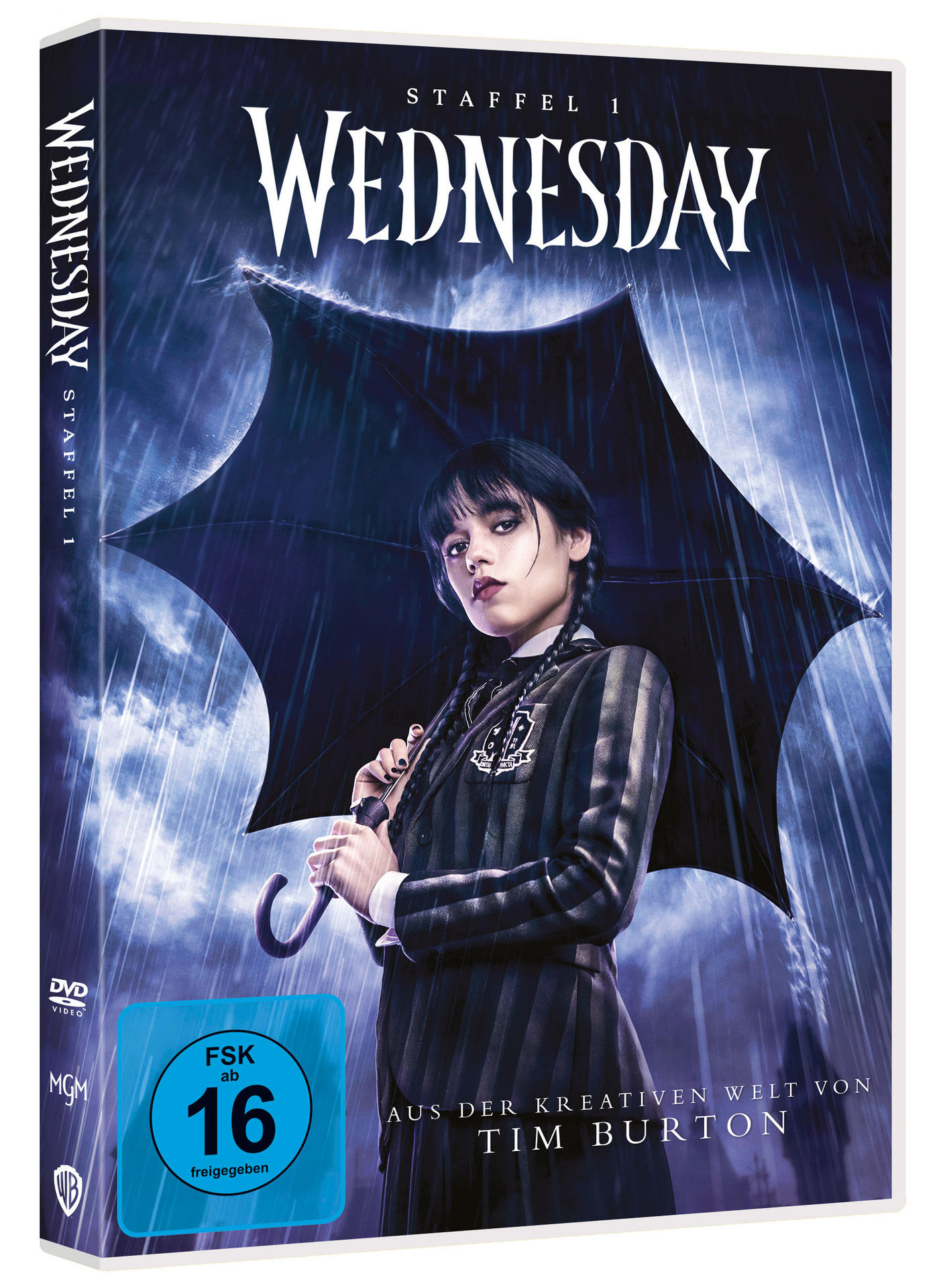 DVD-Box der Serie Wednesday, Staffel 1, mit der Hauptfigur.