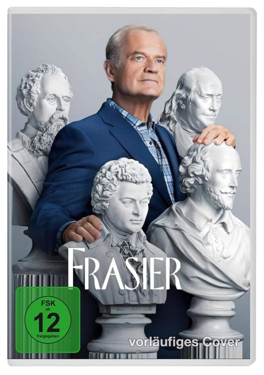 Frasier DVD-Cover mit Kelsey Grammer und Büsten von literarischen Persönlichkeiten, mit FSK 12-Bewertung.