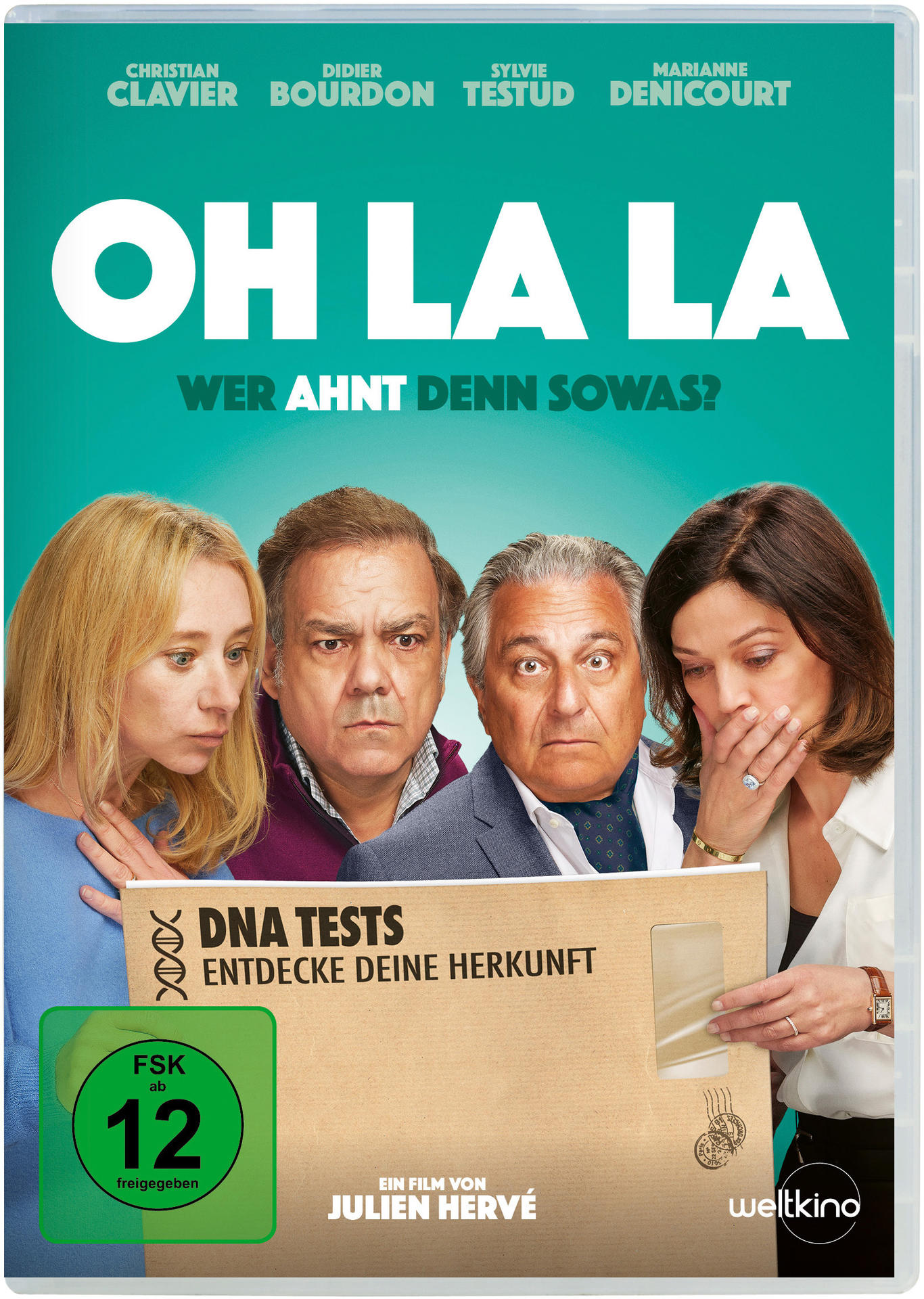 DVD-Cover des Films 'Oh La La'. Zeigt vier Personen, die sich einen DNA-Test-Umschlag ansehen.