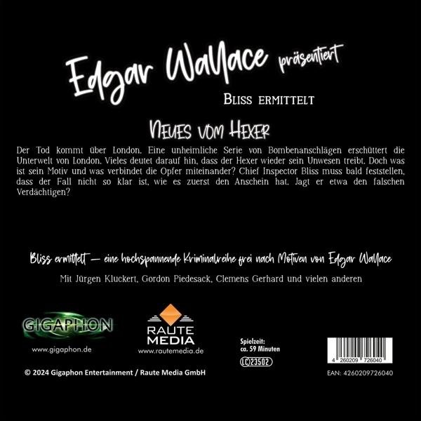 Schwarzes Buchcover mit weißem Text. Text lautet 'Edgar Wallace präsentiert'. Titel 'Bliss ermittelt' sichtbar.