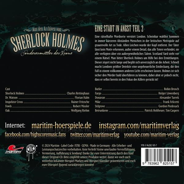 Ein Sherlock Holmes Buchcover mit Text und einer Besetzungsliste. Der Hintergrund ist dunkel mit Text.