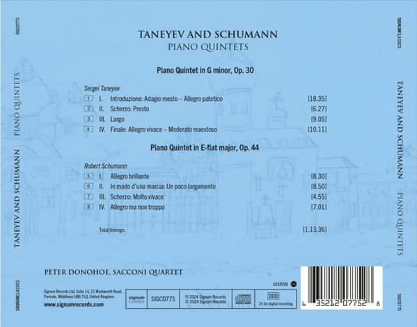 CD-Rückseite mit Werken von Taneyev und Schumann, Titeln und Längen.