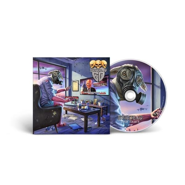 Albumcover mit Person mit Gasmaske und CD auf weißem Hintergrund.