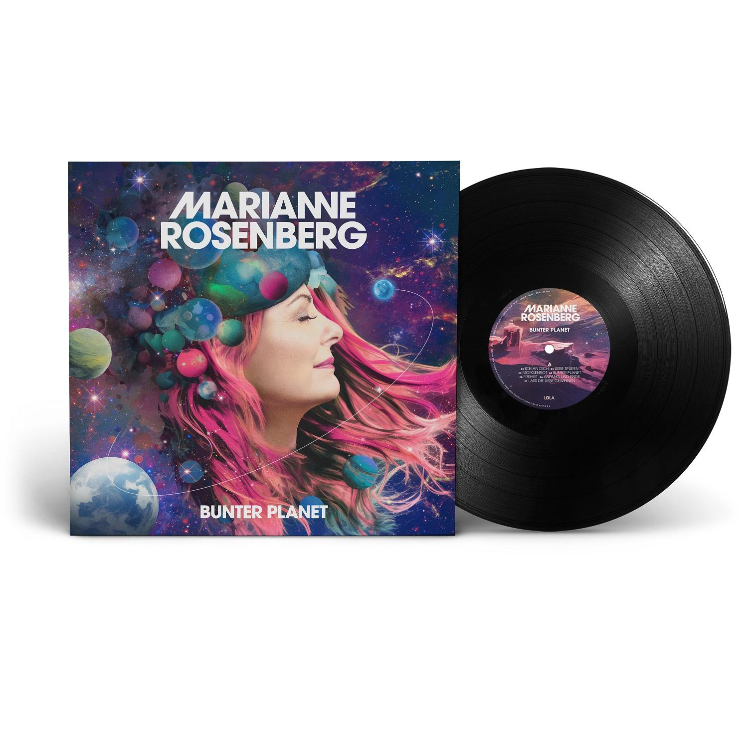 Ein Vinyl-Schallplatten-Albumcover mit dem Gesicht einer Frau und farbenfroher Weltraumkunst.