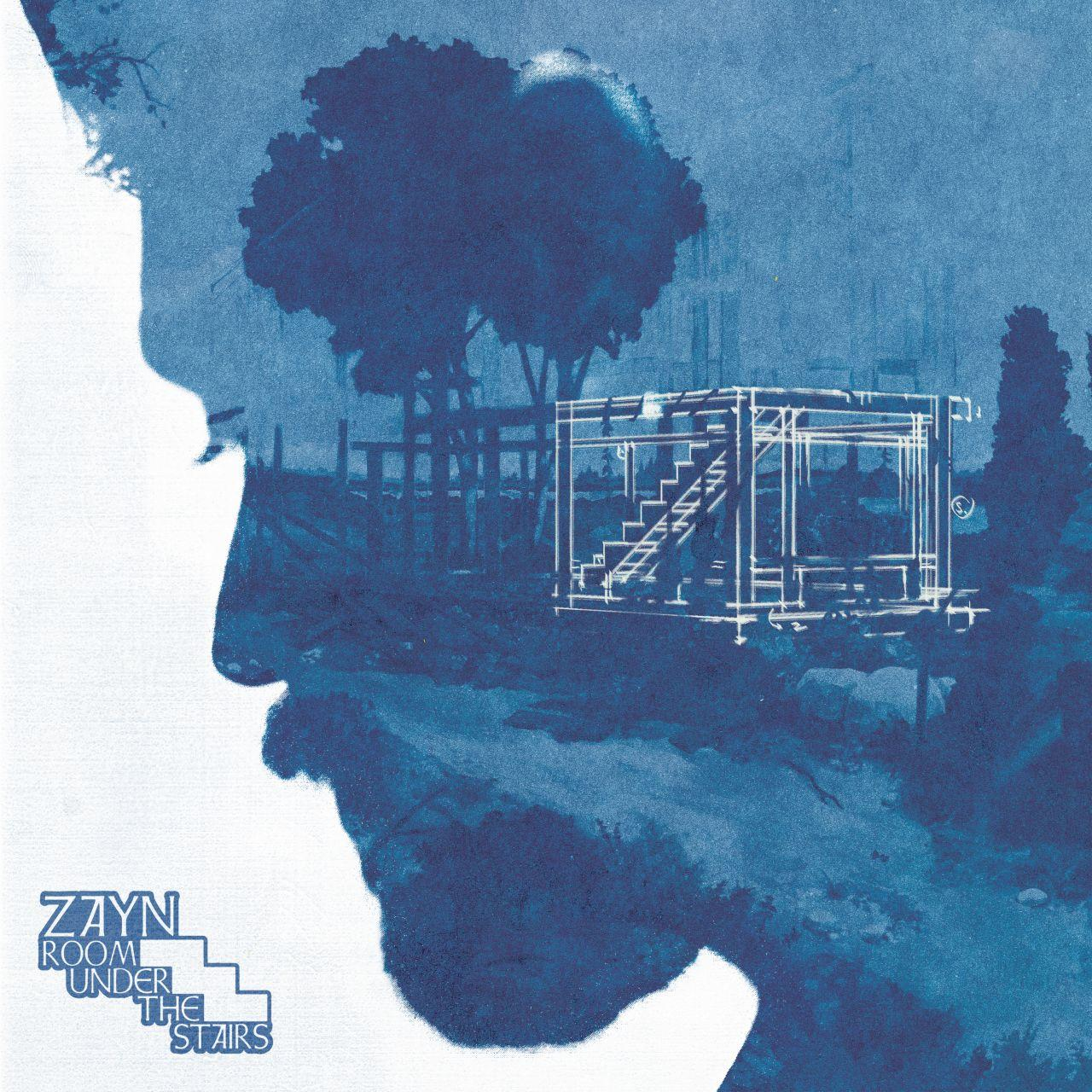 Blau getöntes Bild eines Profils mit Text: ZAYN, Room Under The Stairs. Im Hintergrund eine Treppenumrisse.
