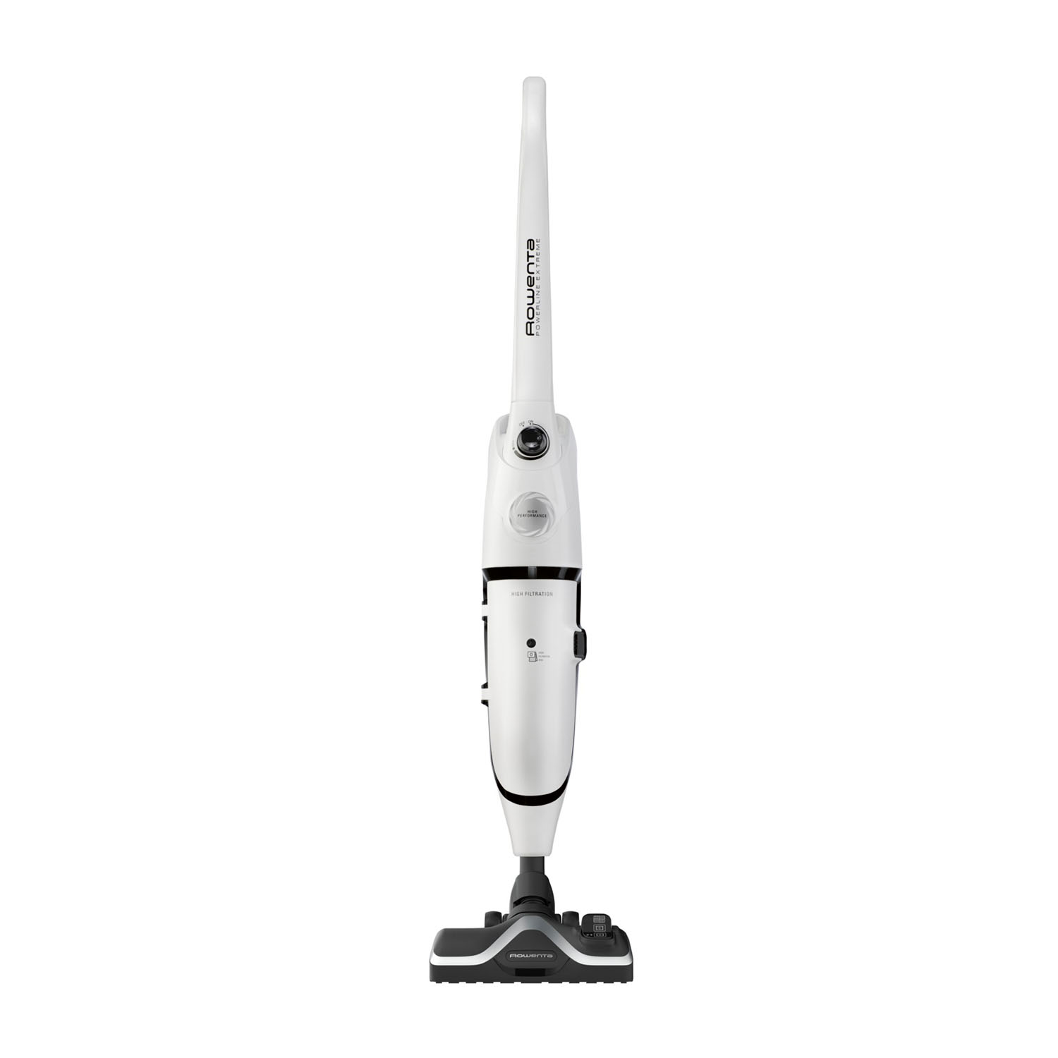 Aspirapolvere senza fili bianco e nero con manico lungo.